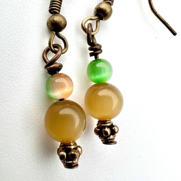 Handmade Beaded Drop Earrings Green & Amber Glass Beads Antiqued Bronze Hooks - Picture 2 of 8